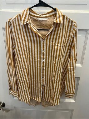 Jane and Delancey Mustard and White Striped Button-Down Shirt Small